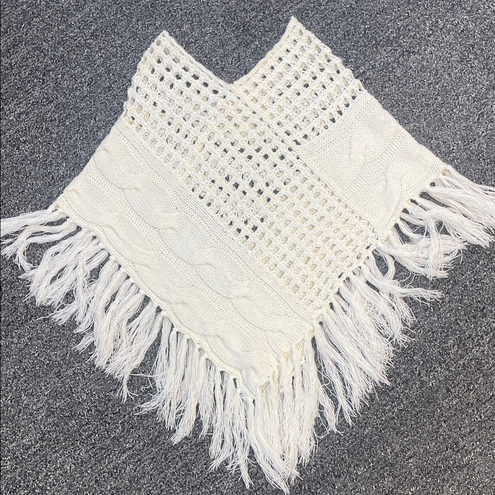 Decree Cream Knit Fringe Poncho Shawl | Boho Cable Knit | Size M